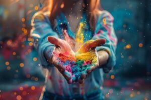 Celebrating Holi, Joyful Woman with Colorful Hands and Powder Explosion photo