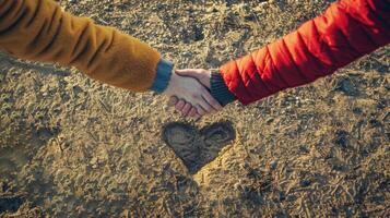 Hands forming heart shape on field, symbolizing love, unity and connection. Concept of friendship, relationship, teamwork and togetherness photo