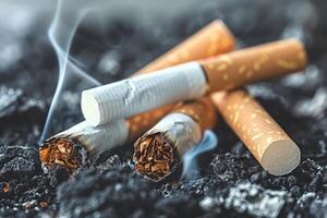Burning cigarettes and tobacco hazard unhealthy addiction and toxic smoke photo