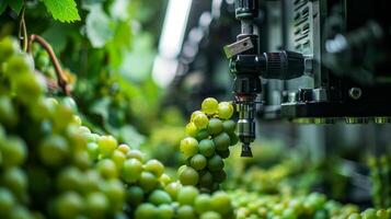 robótico brazo cosecha uvas en viñedo, automatización en moderno viticultura foto