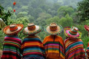 mexicano cultura, personas vistiendo sombreros y ponchos con vista a lozano verde paisaje foto