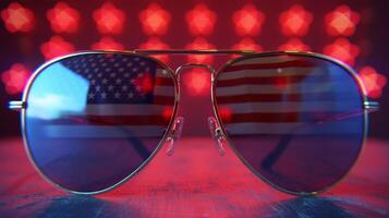 American Flag Reflection in Aviator Sunglasses with Red Stars Background photo