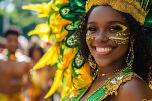 sonriente mujer en vibrante carnaval disfraz con plumas y cara pintar foto