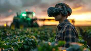 Farmer using virtual reality technology in agricultural field at sunset, exploring precision farming and modern agricultural practices. Concept of innovation, technology, and sustainable agriculture photo