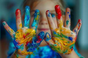 Colorful painted hands of a child expressing creativity and joy through art. Vibrant colors splashed on little hands showcasing imagination and freedom. World Art Day Concept photo