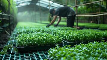 Asian farmer working in vegetable hydroponic farm, inspecting organic microgreen sprouts in greenhouse. Concept of local farming, small business, and healthy eating. photo