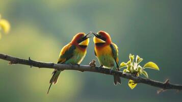 Pair of colorful bee eaters perched on branch, beaks touching in affectionate moment, vibrant feathers against blurred natural background photo