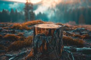 Serene Mountain Stump Landscape, Tranquil Nature Scene with Weathered Tree Stump Overlooking Misty Forest and Peaks photo