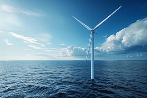 costa afuera viento granja con turbinas en Oceano generando limpio, renovable energía foto