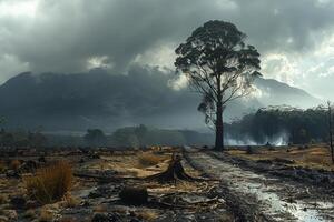 secuelas de incendio forestal desastre, chamuscado paisaje y solitario elástico árbol en ahumado montaña valle. un conmovedor escena de ambiental devastación y naturalezas resiliencia. foto