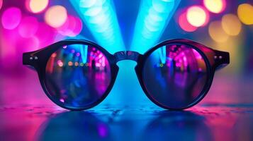 Nightlife Party Reflection in Sunglasses at Bar or Nightclub with Neon Lights and Bokeh photo