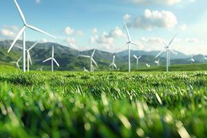 Wind Turbine farm generating clean and sustainable energy with mountain landscape background, concept of green energy and eco friendly power generation photo