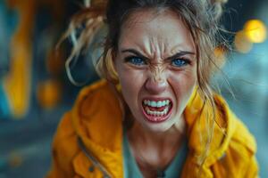 cerca arriba retrato de enojado joven mujer con azul ojos, Gritando con frustración y rabia foto