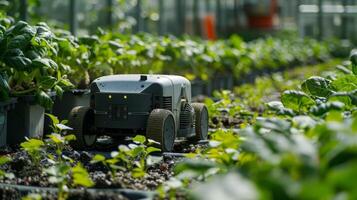 Greenhouse robot tending to plants using artificial intelligence and automation for agricultural innovation photo