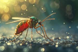 Vibrant red and green mosquito on sparkling wet surface with bokeh background. Macro close up of colorful insect, nature and wildlife photography photo