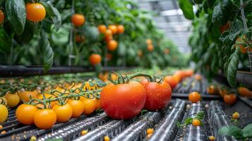 Ripe Tomatoes Growing in Greenhouse, Organic Farming Concept photo