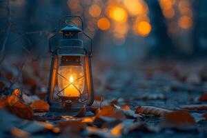 Vintage oil lantern glowing in autumn forest, cozy warm light in nature scenery with fallen leaves and bokeh background. Concept of camping, hiking, adventure, tranquility, and seasonal change photo