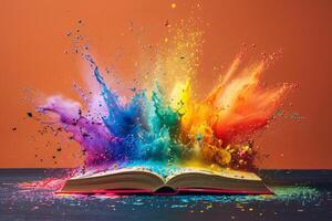 Vibrant Colors Bursting from Open Book. Imagination and Creativity Concept photo