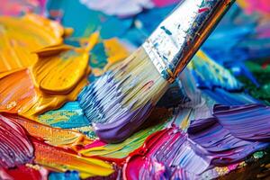 Artists Brush Mixing Vivid Colors on Palette, A Close Up of Creativity and Artistic Expression photo