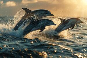 Dolphins Jumping at Sunset. A Breathtaking Display of Natures Beauty photo