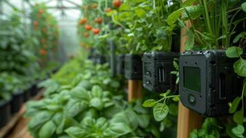 hidropónico granja tecnología. supervisión sensores, automatización, y vertical jardines para sostenible agricultura foto