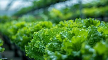 Fresh green leafy lettuce plants in vegetable garden, organic farming concept photo