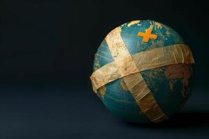 Damaged World Globe with Adhesive Bandages. A Symbol of Global Issues and Repair photo