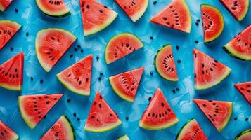 Juicy watermelon slices on bright blue background, summer fruit pattern, fresh and ripe watermelon wedges photo