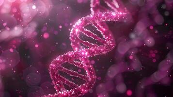 Glowing pink DNA double helix strands with bokeh background. Concept of genetic engineering, science research, and discovery. photo