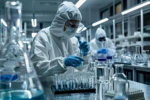 Scientist in Coverall Conducting Research with Test Tubes and Pipette in Laboratory photo