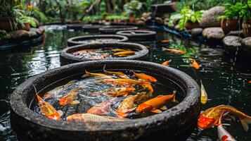 Koi Fish Swimming in Traditional Stone Basin Pond in Lush Garden Setting photo