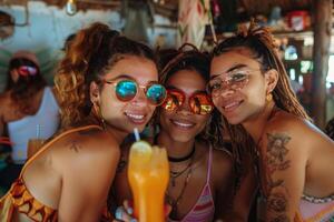 Three Diverse Young Women Friends Enjoying Drinks and Beach Bar Fun photo