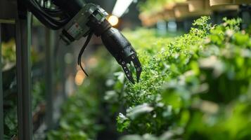 Robotic Arm Working with Hydroponic Plants in Vertical Farm photo