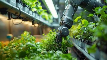 Robot arm tending to basil plants in automated indoor vertical farm. Smart agriculture, farm technology, and food production concept with AI and robotics. photo