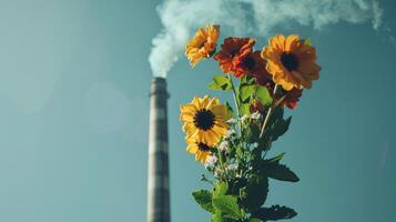 Industrial Pollution Threatening Nature. Smoke Stack Emitting Harmful Emissions Over Flowers photo