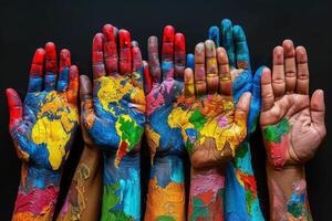 Hands Painted in Vibrant Colors Depicting World Unity and Global Harmony photo