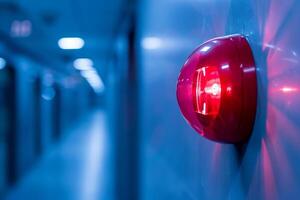 Red fire alarm light on white wall in building hallway. Emergency, safety, and security concepts photo