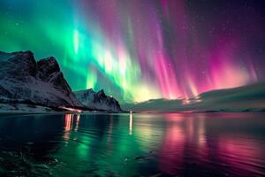 Breathtaking Aurora Borealis over Serene Mountain Lake. Vibrant Northern Lights Reflecting on Calm Waters with Majestic Peaks in the Background. photo