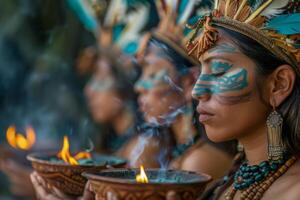 indígena mujer ejecutando ritual ceremonia con fuego y fumar foto