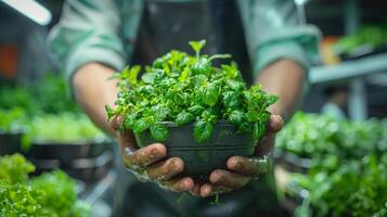 Hands holding fresh green parsley plant, gardening and growing herbs concept photo