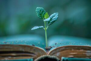 planta creciente desde libro simbolizando conocimiento, crecimiento, y educación foto