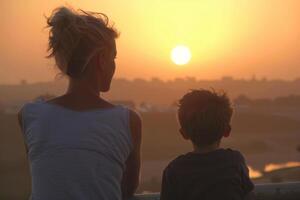 Mother and son watching sunset together, enjoying quality time and creating memories. photo