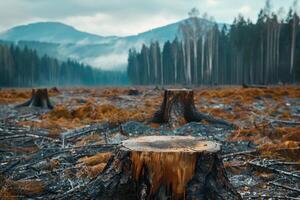 Deforested landscape with tree stumps in misty mountain forest, environmental destruction and deforestation concept photo