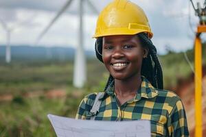 sonriente africano mujer construcción trabajador con casco de seguridad y Plano en sitio. concepto de hembra empoderamiento, diversidad, y carrera oportunidades en masculino dominado industrias foto