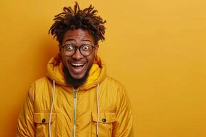 Excited Young Black Man with Dreadlocks and Glasses Expresses Amazement photo