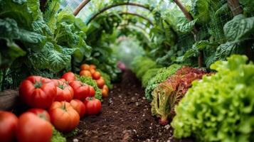 Fresh Organic Tomatoes and Lettuce Growing in Greenhouse Farm. Sustainable Agriculture and Healthy Food photo