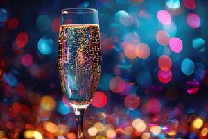 Champagne Flute with Sparkling Wine Bubbles Against Colorful Bokeh Lights Background photo