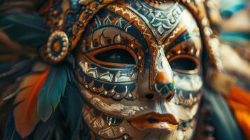 Intricate Aztec skull mask with feathers, vibrant colors and patterns, symbolizing Mexican Day of the Dead tradition photo