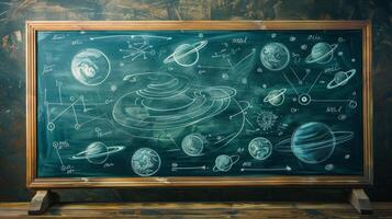 Planets and orbits drawn on chalkboard. Concept of astronomy, education, science, and the solar system photo