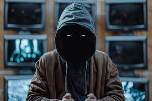 Hooded Hacker with Glowing Eyes. Hacking, Surveillance, and Cybercrime photo